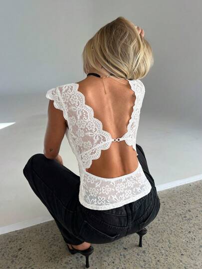 Aloruh Ladies Summer Backless Deep V Lace Solid Color Tank Top Sexy Lace Backless Tank Top With Exquisite Design Figure Flattering GlamorousSensual, Alluring