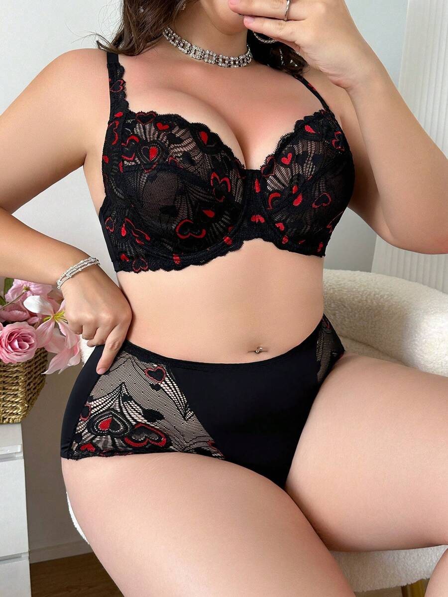 SHEIN Bộ 2 chiếc áo ngực ren trái tim quyến rũ cỡ lớn có gọng, đồ lót, nâng ngực - màu đen - Xem 1