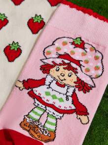 Strawberry Shortcake X SHEIN 2 Pairs Women Cartoon Character & Strawberry Pattern Mid-Calf Socks, Day