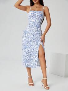 SHEIN PETITE Blue And White Porcelain Flower Print Halter Dress With Front Slit To Thigh - Blue - View 4