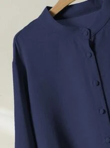 Lacomfia 2 件大码纯色前扣长袖上衣和裤子套装 - 藏蓝色 - 查看 7