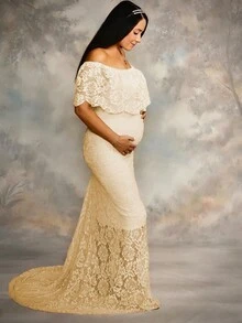 Maternity Off Shoulder Ruffle Collar Dress Lace Mermaid Gown For Photo Shoot Baby Shower, For Photoshoot - Apricot - View 7