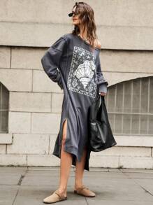 Bohemela Vestido holgado de sudadera con gráficos para vacaciones con aberturas laterales para mujer, gris