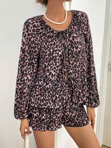 SHEIN Essnce Women Casual Women Folds Two Pieces Sets Tie Bow Lantern Puff Sleeve Layered Leopard Print Shirt And Shorts 2-Piece Set