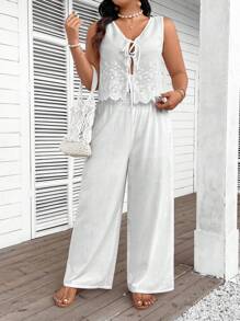 SHEIN Frenchy 加大码 2 件加大码无袖白色系带腰上衣和宽松裤子套装，旧款 - 白色 - 查看 2