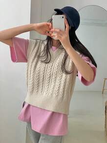 DAZY Vestă de pulover de primăvară și toamnă, ocazional, de culoare uni, tricot cablu - Caisă - Vizualizare 6