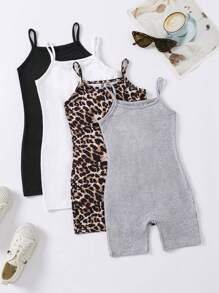 Wildeya Young Girl And Young Girl 3pcs/Set Casual Leopard Print Black, White, Gray Romper Jumpsuit, Suitable For Pairing With Jacket, Coat, Shirt, T-Shirt, Sweatshirt, Comfortable Fitting For Everyday Wear