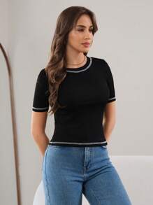 Mulvari 2pcs Contrast Stitch Rib-Knit Slim Fit Tee For Summer