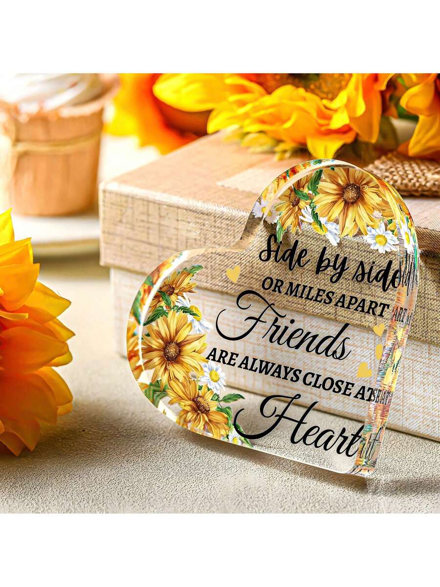 1 件心形亚克力牌匾 - 女性祝福礼物 - 友谊和生日礼物 - 向日葵装饰心形牌匾，适合退休、周年纪念、圣诞节办公桌装饰 - 彩色 - 查看 1