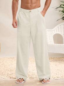 Manfinity VCAY Summer Lightweight & Breathable Casual Beach Woven White Baggy Linen Pants Men Beach Outfits