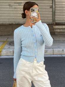 DAZY 女士图案刺绣修身长袖圆领麻花针织开衫，秋季女装 - 藍色 - 查看 4