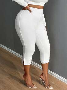 SHEIN SXY Women Plus Curve  Solid Split Cropped Leggings, Casual Elastic Waist Every Day Stretchy Leggings