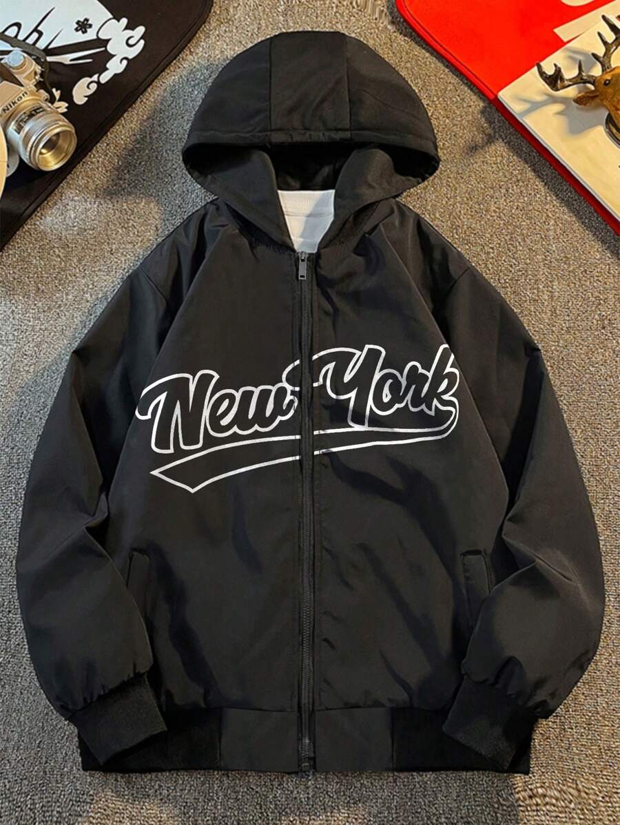 Manfinity EMRG Men's Casual Letter Printed Hooded Jacket, Spring And Autumn, Going Out Hooded Black Friends Long Sleeve Light Jacket, For Friends, Husband, Boyfriend Gifts