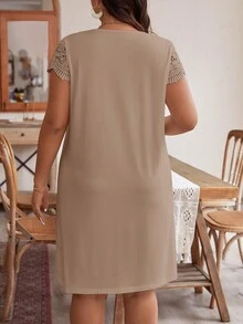 SHEIN Frenchy Váy ren ghép thời trang mùa hè cho nữ cỡ lớn đi nghỉ mát - Màu Khaki - Xem 2