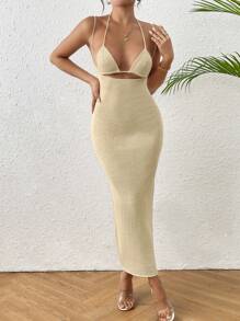 SHEIN Swim Set de 2 piezas Vestido deslizante calado y patchwork sexy para mujer + Chal, estilo europeo y americano para el verano