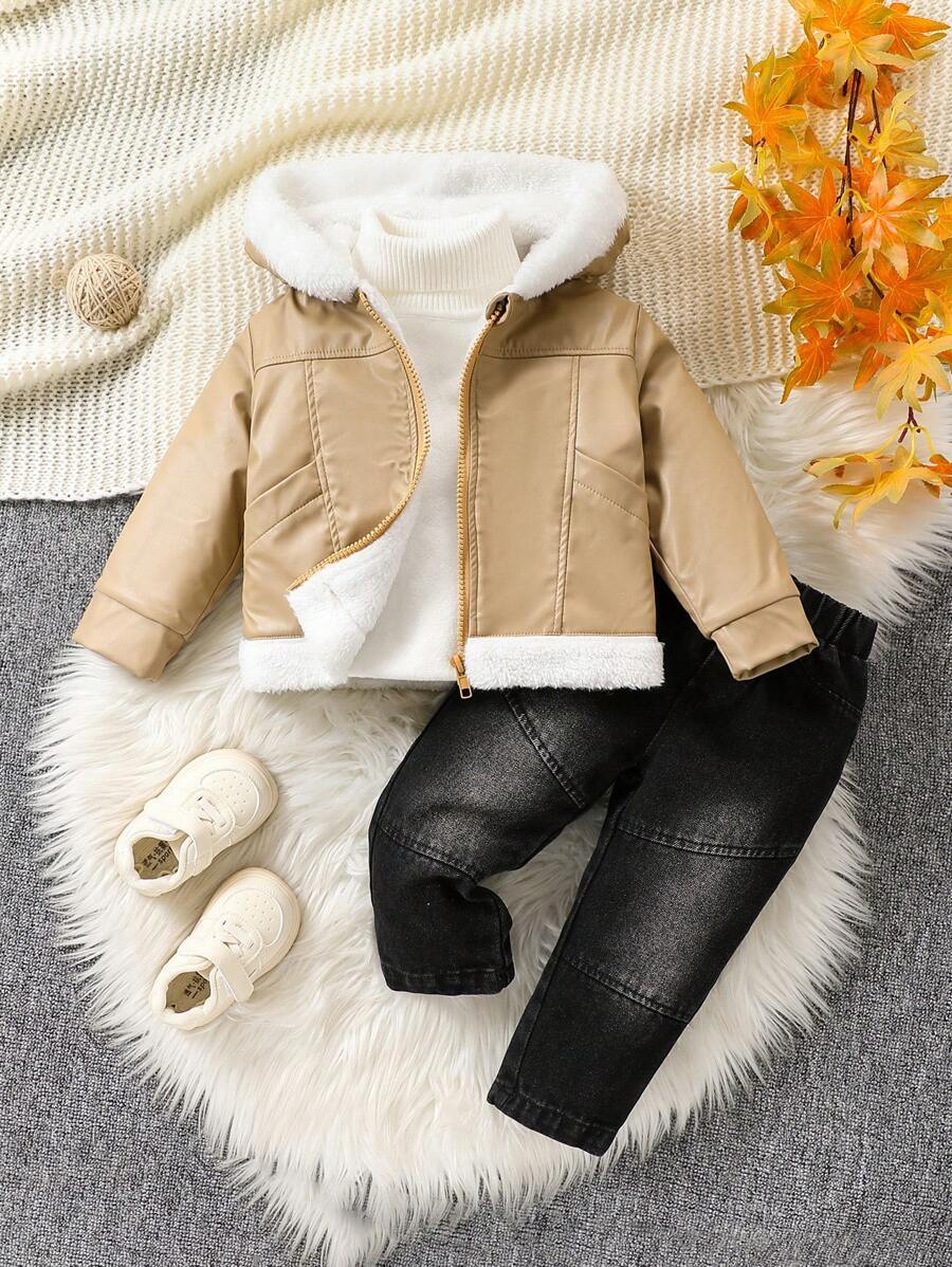 2pcs Baby Boy Thermal Lined Jacket And Casual Long Denim Pants Set - Brown - View 1