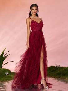 Spaghetti Strap Sexy 3D Embroidered Contrast Mesh Ruffled High Slit Dress, Elegant Formal Evening Prom Dress, For Wedding Guest, Graduation, Dinner Party Dress,Gown - Red - View 4