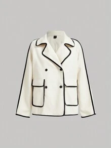 SHEIN MOD 一件杏色和黑色撞色滚边休闲长袖外套，适合冬季、新年和复古场合。 - 米色 - 查看 1