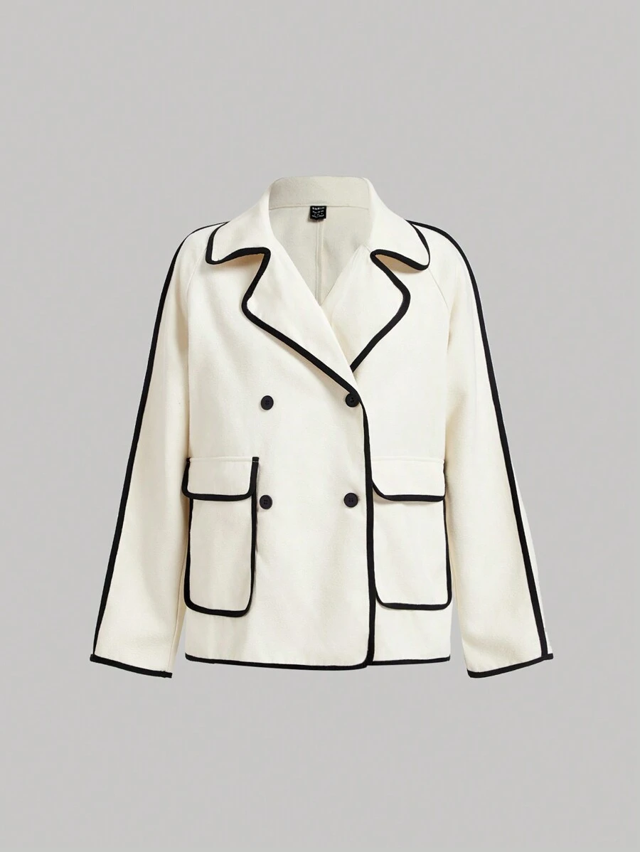 SHEIN MOD 一件杏色和黑色撞色滚边休闲长袖外套，适合冬季、新年和复古场合。 - 米色 - 查看 1