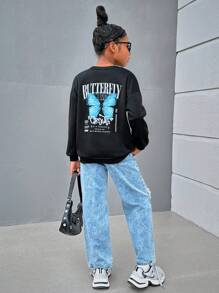 SHEIN 女大童標語和蝴蝶印花落肩袖套頭衫 - 黑色 - 查看 8
