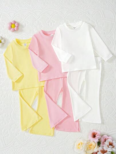 6pcs Baby Girls Ribbed Knit Long Sleeve Tops And Flared Pants Pajamas Set In Yellow, Pink And White, 3 Sets