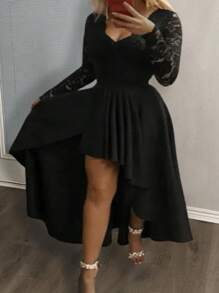 Slaydiva Plus Size Màu đen thanh lịch tương phản ren dài tay áo dài thắt lưng đế chế - màu đen - Xem 1