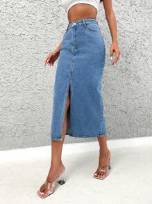 EURMUSE High Waist Split Thigh Denim Skirt