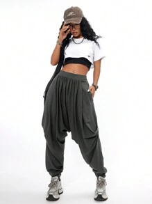 Coolane 女式秋季运动休闲宽松口袋舒适褶皱哈伦裤 - 深灰色 - 查看 5