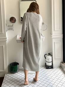 DAZY Knit Ribbed Casual Brushed Loungewear Dress, Pajama, Cozy Outfit, Fall & Winter, Moo Moo Night Dress - Grey - View 2