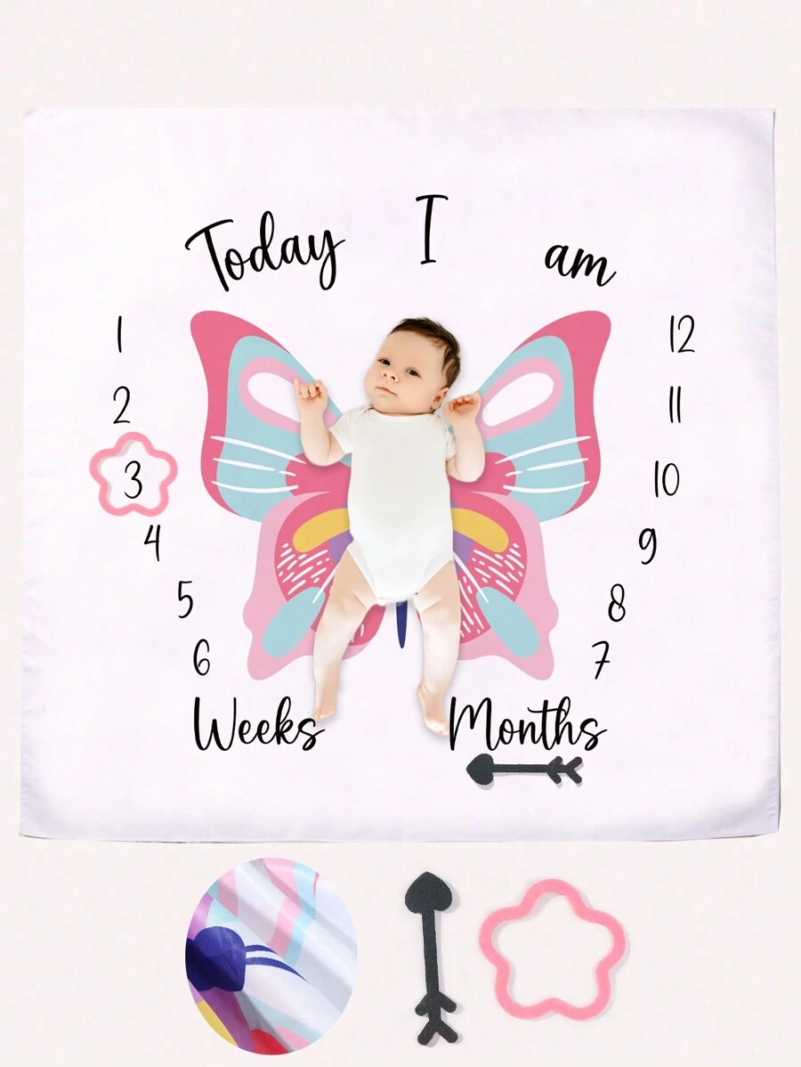 SHEIN Baby Milestone Blanket, Butterfly Print Newborn Photography Backdrop Blanket - Multicolor - View 1
