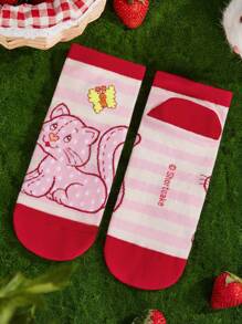 Strawberry Shortcake X SHEIN 3 Pairs Of Women Cute Socks With Cartoon Character And Strawberry Pattern,Gift Ideas