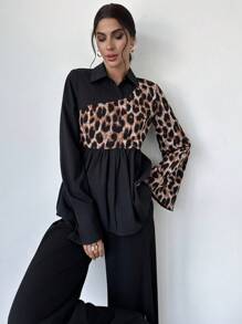 Firerie Women's Elegant Commuter Blouse Leopard Print Asymmetric Color Block Long Sleeve Shirt
