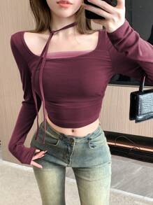 DAZY Red Party, Valentine's Day, Back To School Event Women Mesh Splice Long Sleeve Top,Fall Clothes - Burgundy - View 5