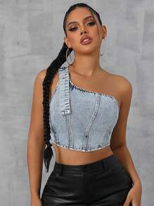 SHEIN SXY Summer Fashionable Washed Denim One-Shoulder Cropped Top - Blue - View 6