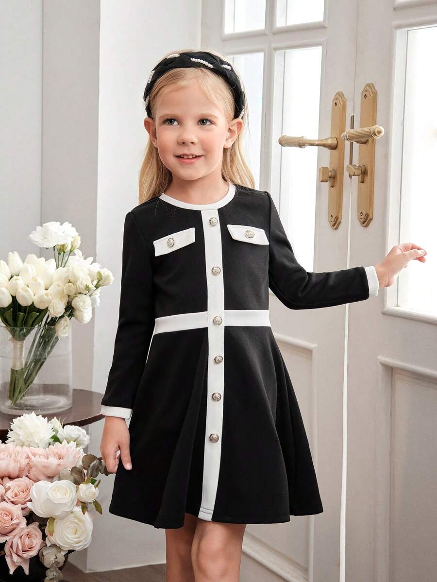 SHEIN Vestido casual ajustado con cuello de equipo y bloques de color tejido para niña joven