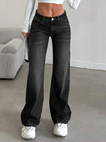 EURMUSE 低腰寬腿牛仔褲，帶口袋和鈕扣