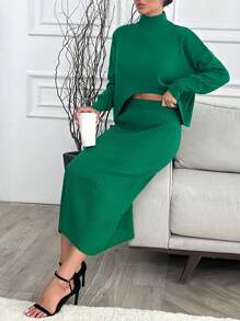 RueChic Mock Neck Drop Shoulder Jumper & Knit Skirt - Green - View 6