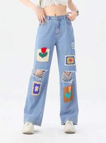 Teen Girls' Retro Heavy-Duty  Distressed Jeans With Personalized Design Knitted Crochet Colorful Decoration - Light Wash - View 4