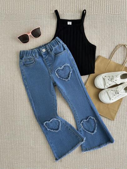 Young Girl Cute Heart Embroidered Ripped Comfortable Flared Stretch Jeans