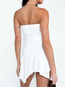 INAWLY Women's Solid Color Tube Top Pleated Simple Short Dress For Leisure And Vacation - White - View 2