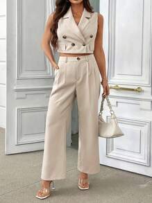 SHEIN Unity Plus Double Breasted Crop Vest Blazer & Suit Pants - Apricot - View 4