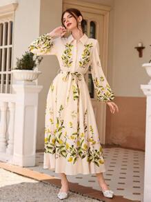 Chiquease 女式花卉印花连衣裙，领口、泡泡袖、系腰、 A 字形 - 彩色 - 查看 4