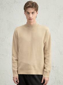 AKNOTIC Business Casual Men's Fitted Faux Cashmere Blend Turtleneck Sweater, Casual Beige Pullover For Fall & Winter - Apricot - View 8