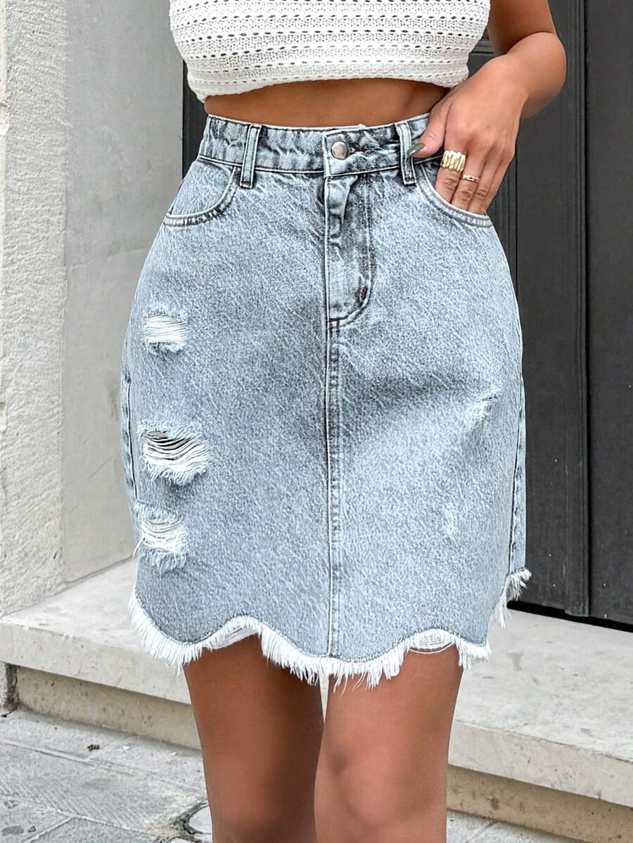Cottnline FRAYED HEM ASYMMETRIC MINI SKIRT - Light Wash - View 1