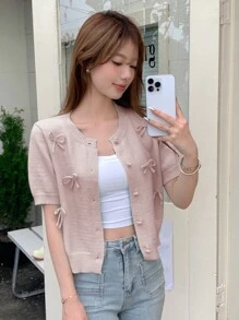 DAZY Cárdigan de mujer de unicolor, de manga corta, cuello redondo y lazo, ropa de otoño, ropa de vuelta al colegio