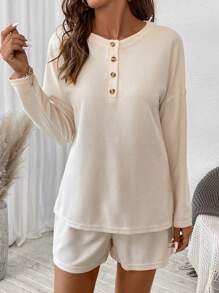 SHEIN LUNE 25+ strukturierter Sweatshirt und Shorts Set, lässiger Sportoutfit für den Herbst - Aprikosenfarben - Übersicht 6