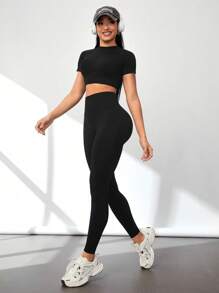 SHEIN Sports Solid Crop Tee & Leggings Workout Women Set Women Leggings Set - Black - View 4