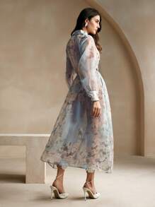 Anewsta 女士浪漫花卉印花欧根纱立领腰连衣裙，女士休闲不对称，系腰带长袖领宽松长款多色落肩全身印花，扎染衬衫女士长裙，春季/秋季，休闲日常穿着长款女装 - 彩色 - 查看 9