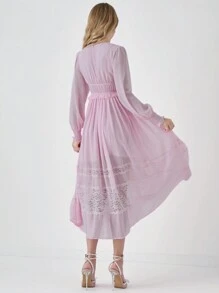 Enchnt Abito lungo elegante da donna in colore unito con scollo a V, maniche lunghe e pizzi su parti del vestito, adatto per primavera ed estate - Rosa corallo - Visualizzare 2