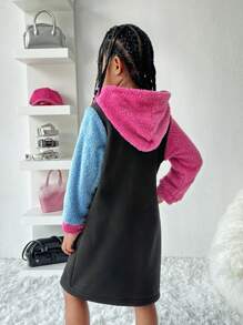 SHEIN Explorewe 年轻女孩可爱甜美渐变粉色蝴蝶泡泡袖网眼撞色连衣裙 - 黑色 - 查看 2